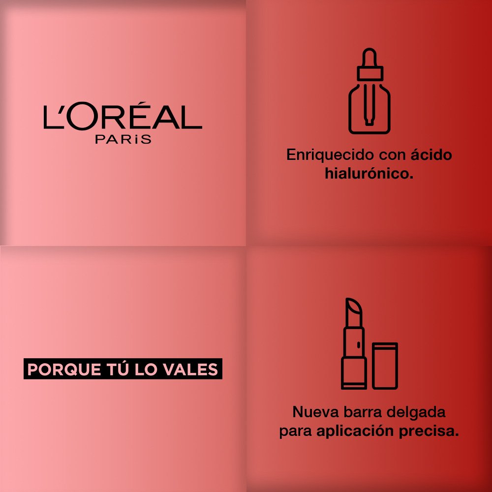 Logo L'Oréal Paris. Enriquecido con Ácido Hialurónico. Porque tú lo vales, nueva barra delgada para aplicación precisa Colombia.